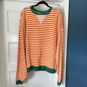 We The Free Orange & Cream Striped Pullover Crewneck with Green Trim